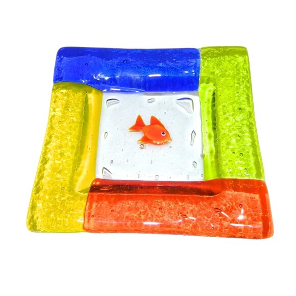 Handcrafted Colorful Glass Dish Fish Motif - 4" Square Ashtray Votive Candle - Picture 1 of 7